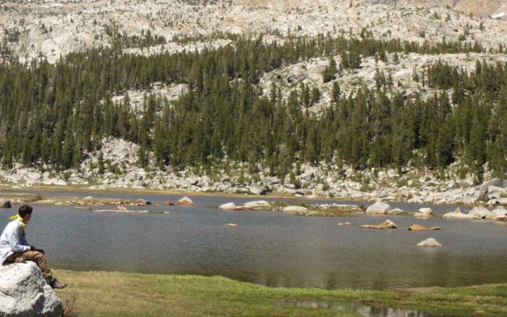 A person sits on a tall rock above a grassy landscape and looks out over body of water, evergreen trees and mountains in the background.